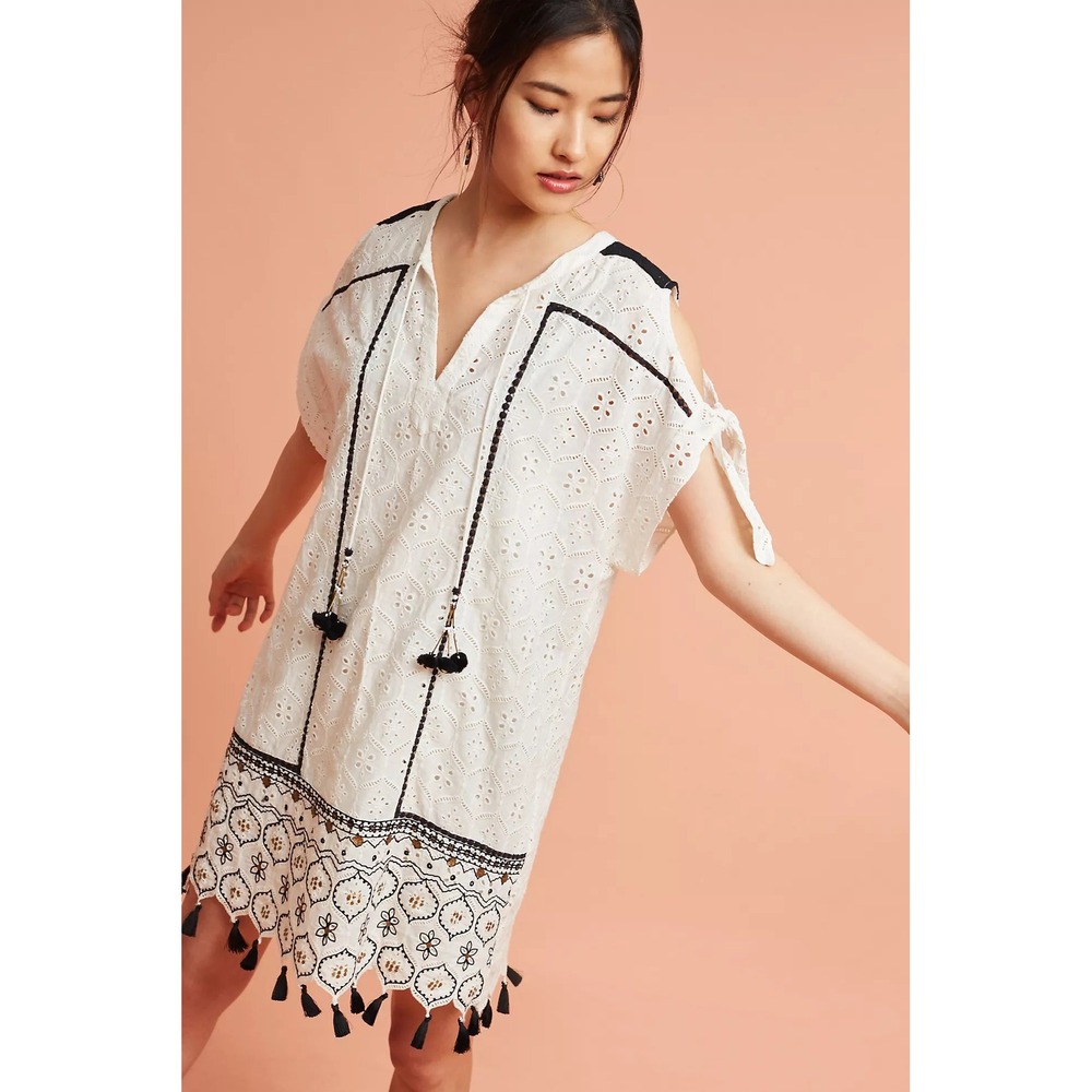 Hemant & Nandita Aditya White Eyelet Tassel Tunic Dress Cover Up XS Embroidered